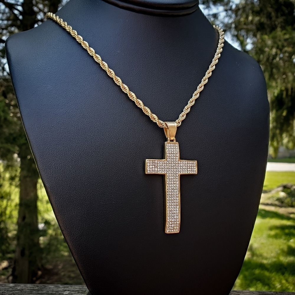 14k Gp Steel super Iced Out Cross Necklace